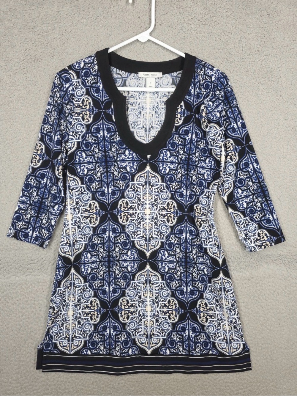 White House Black Market Tunic Top Small Stretch 3/4 Sleeve Geometric Dressy
